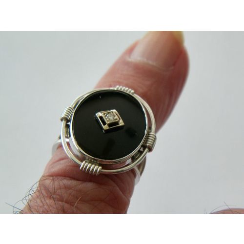 SIZE 5 3/4- 10K WHITE GOLD ONYX DIAMOND RING