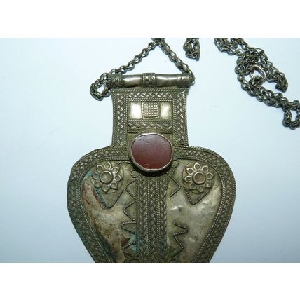 Antique Low Silver Turkoman Turkeman Heart Pendant w/Cornelians, 10.5 x 7.1 cm