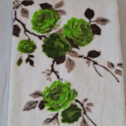 Vintage SAYCO Screen Prints BATH HAND TOWEL Green Rose Flowers 25" x 16"