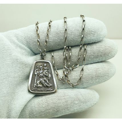 Vintage Charles Horner 925 Sterling Silver Large St Christopher Pendant Necklace