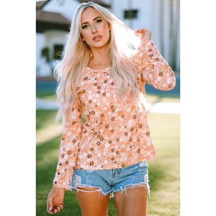 Orange Floral Knit Long Sleeve Top
