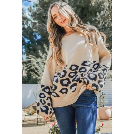 Khaki Leopard Patchwork Knitted Puff Sleeve Sweater