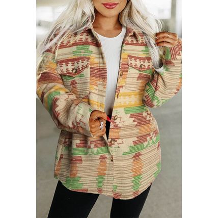 Yellow Western Aztec Print Button Flap Pocket Shacket