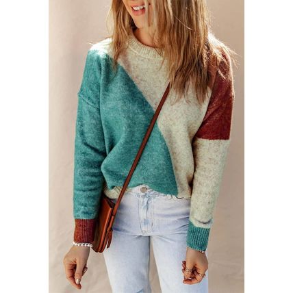 Multicolor Colorblock Ribbed Trim Round Neck Sweater