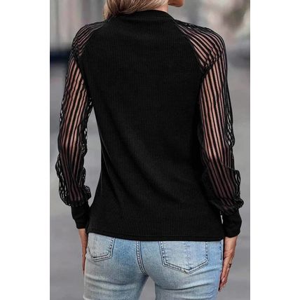 Black Striped Mesh Long Sleeve Crewneck Ribbed Top