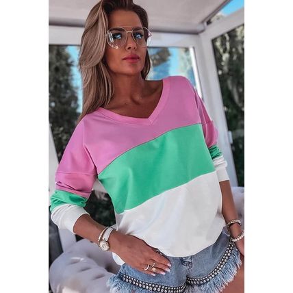 Pink Ribbed V Neck Color Block Patchwork Sweatshirt