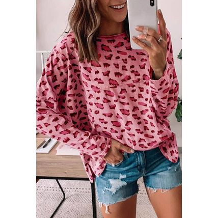 Pink Animal Print Stitching Loose Long Sleeve Top