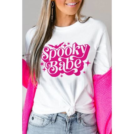 White Spooky Babe Bat Print Halloween Crewneck T Shirt