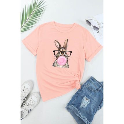 Pink Easter Rabbit Print Round Neck Casual Tee