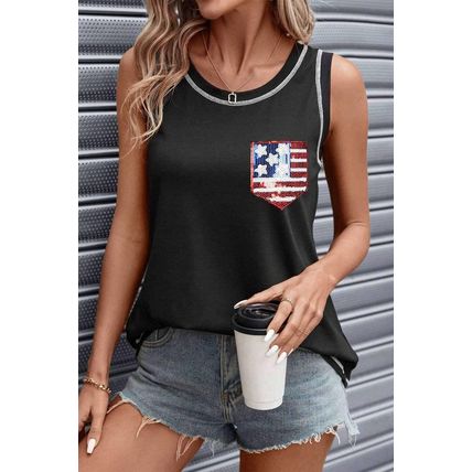 Black Sequined American Flag Patched Exposed Seam Tank Top