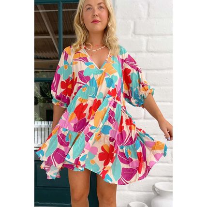 Multicolour Floral Tiered V Neck Plus Dress