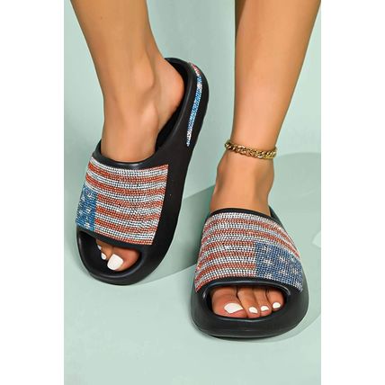 Black Rhinestone American Flag Thick Sole Slippers