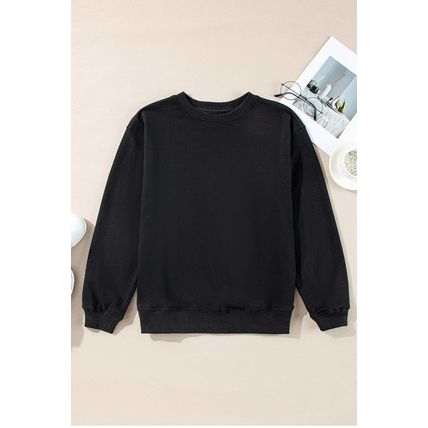 Black Plain Drop Shoulder Crewneck Pullover Sweatshirt