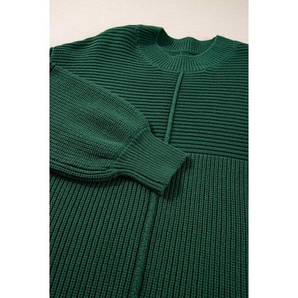 Blackish Green Textured Knit Crewneck Lantern Sleeve Sweater