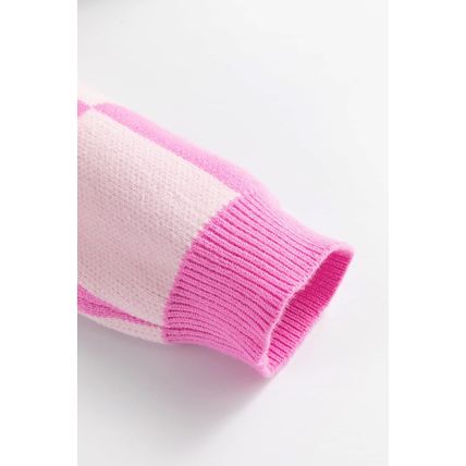 Pink Checkerboard Half Button Collared Drop Shoulder Sweater