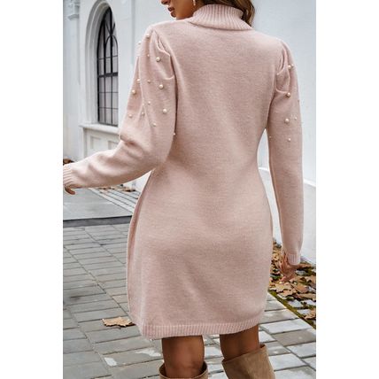 Apricot Pink Pearl Beaded High Neck Bodycon Sweater Dress