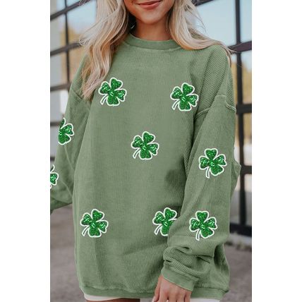 Grass Green Ribbed Four Leaf Clover Graphic St. Patricks Pullover Sweatshirt