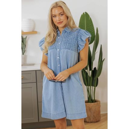 Beau Blue Flutter Sleeve Shirred Detail Button Up Denim Mini Dress