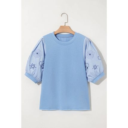 Beau Blue Eyelet Flower Embroidered Puff Short Sleeve Patchwork Crew Neck Blouse