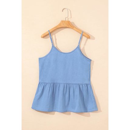 Sky Blue Casual Ruffled Spaghetti Straps Denim Tank Top