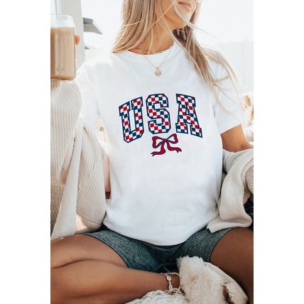 White Checkered USA Graphic Casual Tee