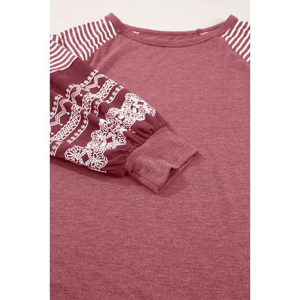 Mineral Red Contrast Print Striped Raglan Long Sleeve Loose Top