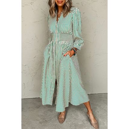 Green Stripe V Neck Zip Front Cinched High Waist Midi Dress