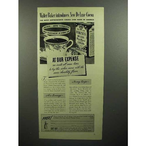1946 Baker's De Luxe Cocoa Ad - Walter Baker Introduces