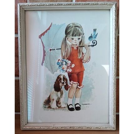 Girl in Red Suit w/ Umbrella & Puppy, Fusimanya, framed print 60s retro vintage