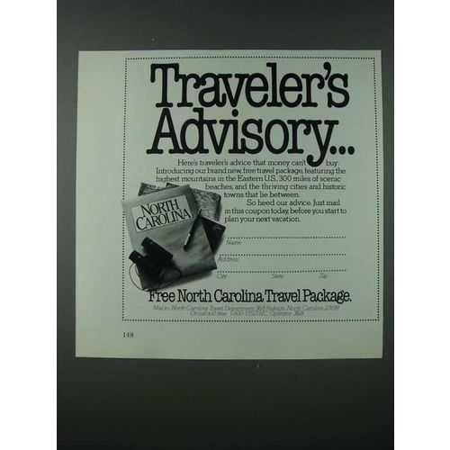 1986 North Carolina Tourism Ad - Traveler's Advisory