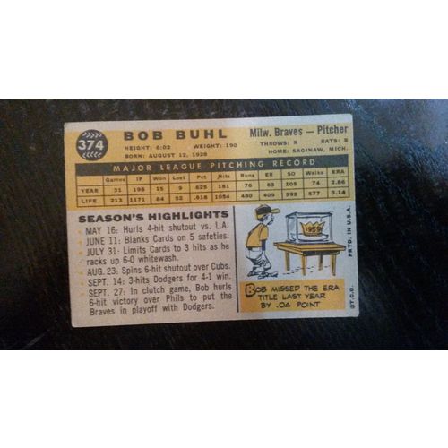 1960 Topps Card # 374 Bob Buhl Good (2) Milwaukee Braves