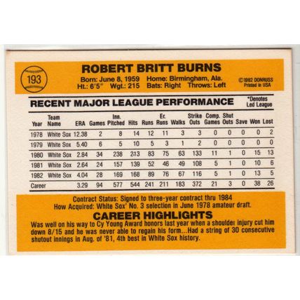 1983 Donruss baseball card 193 Britt Burns