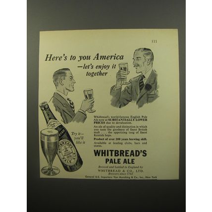 1950 Whitbread's Pale Ale Beer Ad - Here's to you America - let's enjoy it