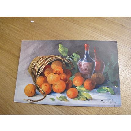 Early Ernest Nister Postcard- Still Life / Oranges & Wine, Artist Mary Golay