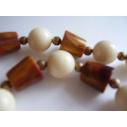 Vintage Art Deco Bakelite & Celluloid Necklace Geometric Cone Brown Cream Beads