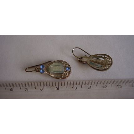 Vintage Earrings Blue Striped Teardrop Stone & Crystals Bezel Pierced Drops