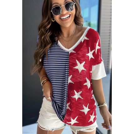 Blue Stripes Stars Print Knit Short Sleeves Top