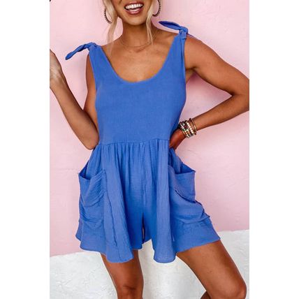 Blue Textured Knotted Straps High Waist Wide Leg Romper