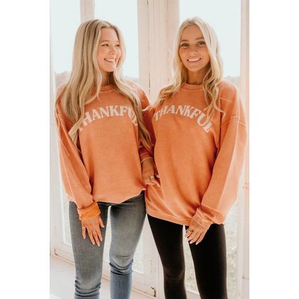 Orange THANKFUL Letter Graphic Corded Sweatshirt