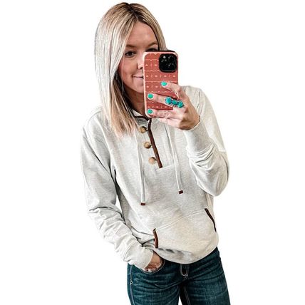 Beige Drawstring Kangaroo Pocket Henley Hoodie