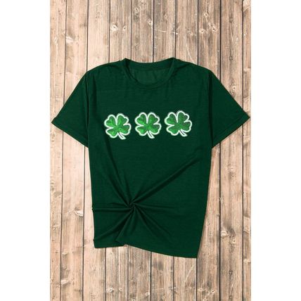 Green St Patrick Clover Patch Sequin Graphic T-shirt