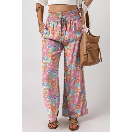 Pink Floral Smocked Waist Loose Pants