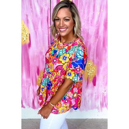 Rose Floral Print Short Sleeve Pleated Babydoll Top