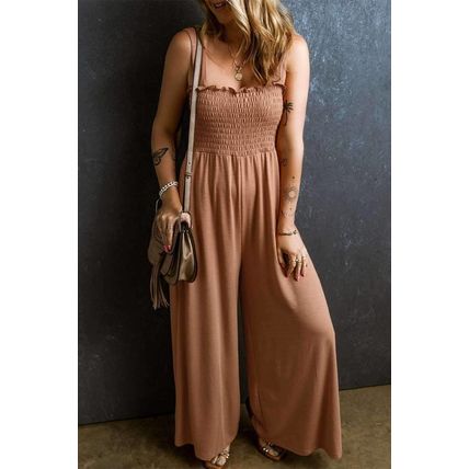 Dusty Pink Ruffled Shirred Wide Leg Sleeveless Jumpsuit