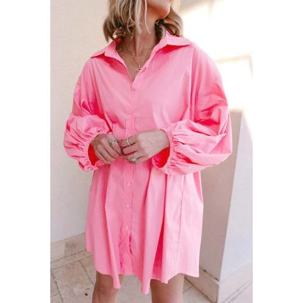 Bright Pink Balloon Sleeve Button Up Mini Shirt Dress