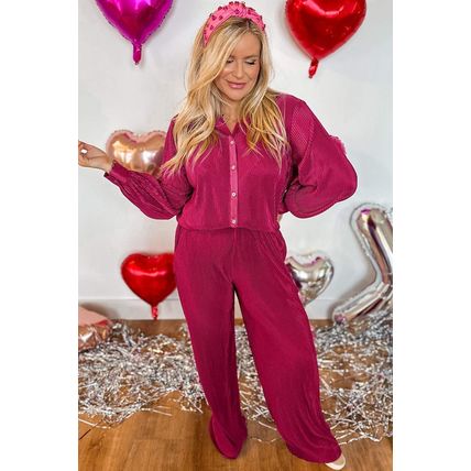 Rose Red Plus Size Ribbed Long Sleeve Shirt and Pants Pajama Set