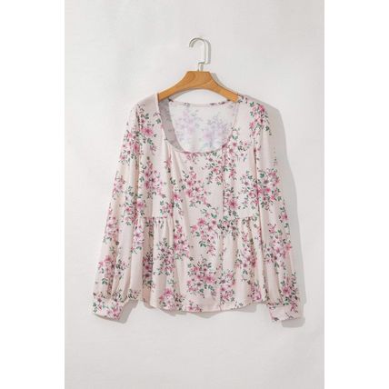 Pink Floral Print Pleated U Neck Loose Fit Blouse