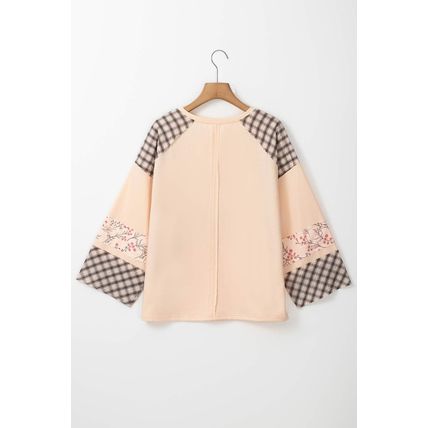 Beige Plaid Floral Peace Heart Graphic Wide Long Sleeve Top