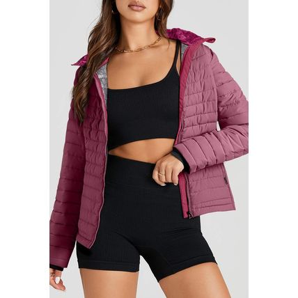 Burgundy Solid Color Quilted Zip-up Puffer Jacket