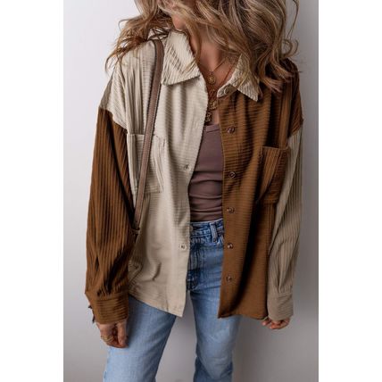 Brown Color Block Chest Pockets Buttoned Corduroy Shacket